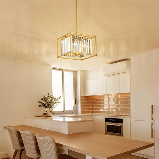Gold Crystal Chandeliers for Dining Room Square 4-Light Height Adjustable 13" Modern Farmhouse Geometric Pendant Lighting Fixture for Bedroom Entryway Foyer Hallway
