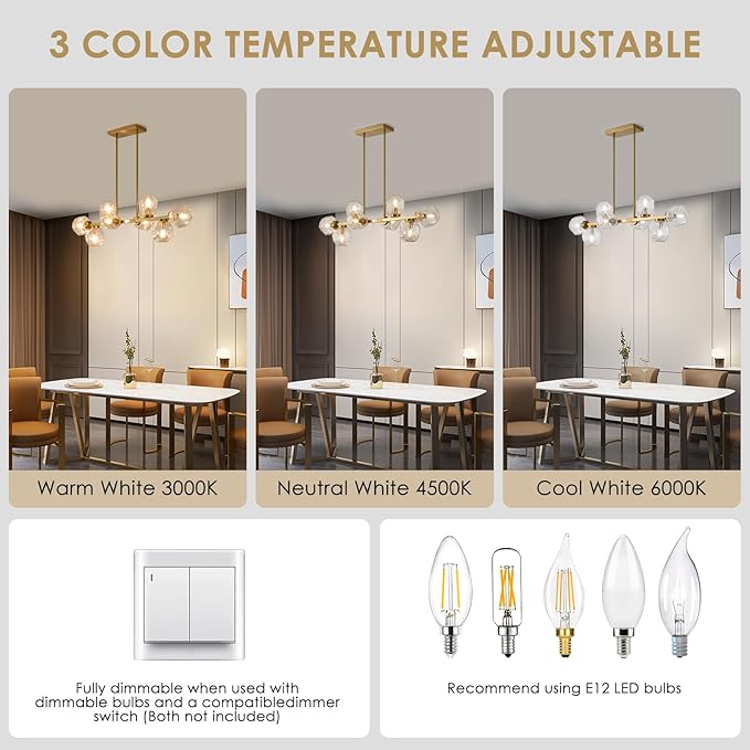 Jonsi Modern Linear Chandeliers 8 Light Clear Glass Dining Room Light Fixture 39" Gold Mid Century Chandelier Pendant Light for Living Room Kitchen Island