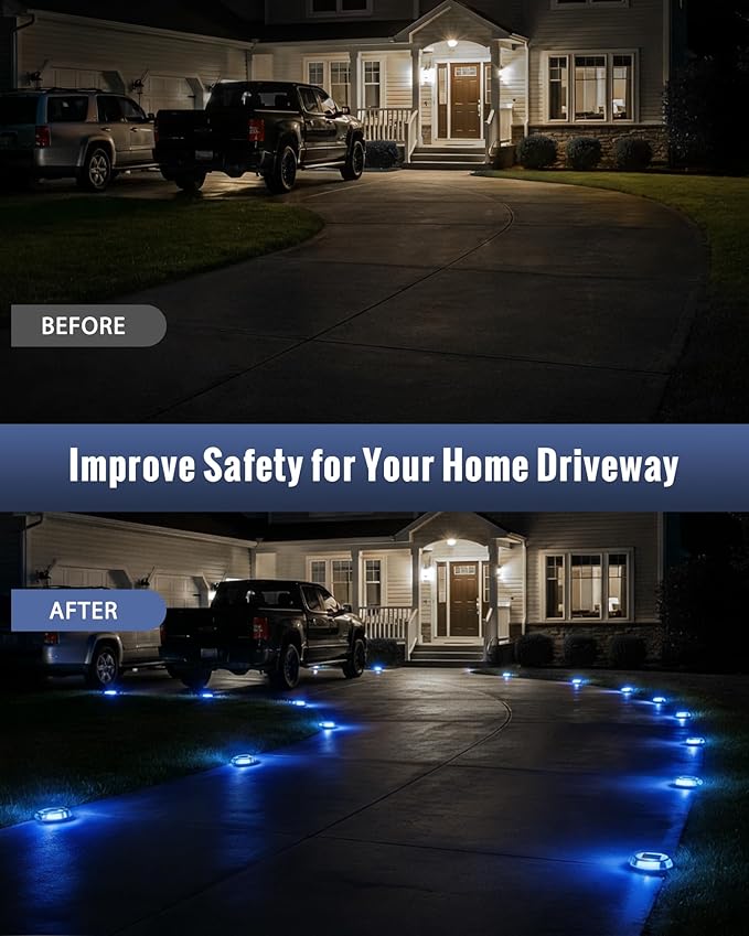 Solar Driveway Lights Dock Lights Waterproof 16 Pack, 2 Colors in 1 Outdoor LED Solar Deck Lights, Solar Powered Walk Way Light Road Marker for Warning Stair Pathway Patio Yard (Blue & White)