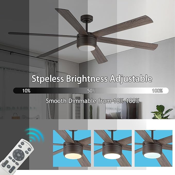 SHOWDI Ceiling Fan with Lights and Remote, 6 Blade App Control Timer Reversible Stepless Brightness and Color Temperature Outdoor Wood Ceiling Fan with Lights (Brown, 72 Inch)