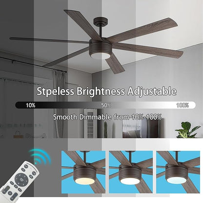 SHOWDI Ceiling Fan with Lights and Remote, 6 Blade App Control Timer Reversible Stepless Brightness and Color Temperature Outdoor Wood Ceiling Fan with Lights (Brown, 72 Inch)