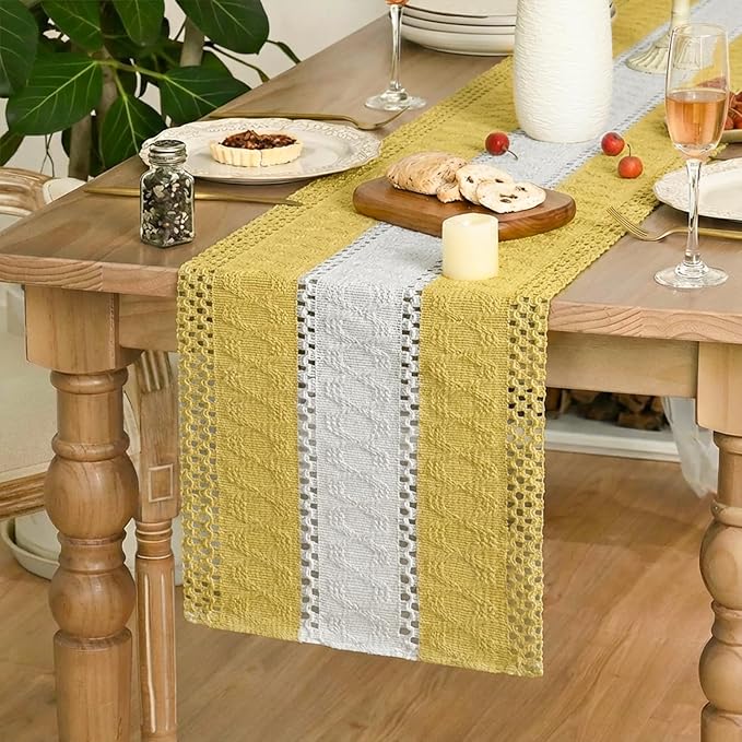 Artoid Mode Yellow Farmhouse Rustic Table Runner, Seasonal Hollow Kitchen Dining Table Decoration for Home Party Decor 12x108 Inch
