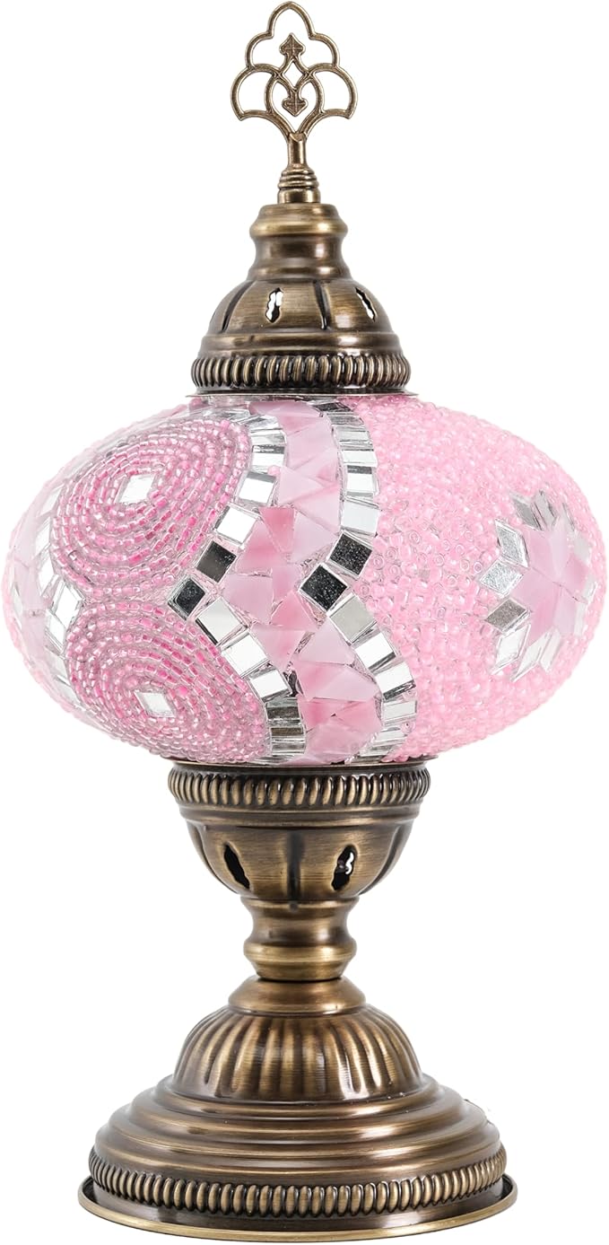Turkish Mosaic Table Lamp with Bulb – Handmade Pink Stained Glass Light, Vintage Bohemian Decorative Bedside Lamp with US Plug & E12 Socket