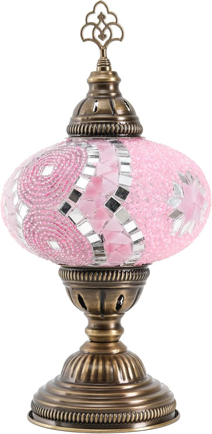 Turkish Mosaic Table Lamp with Bulb – Handmade Pink Stained Glass Light, Vintage Bohemian Decorative Bedside Lamp with US Plug & E12 Socket