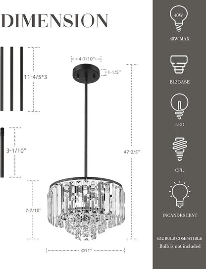 4-Tier Crystal Chandelier, Modern Black Chandelier, 3-Light Pendant Light for Dinning Room Kitchen Island Bedroom Entryway, CC4215-3W-BK