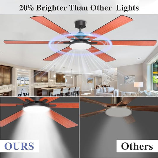 80 inch Ceiling Fans with Lights and Remote Control,Indoor/Outdoor Flush Mount Low Profile Commercial Reversible Dimmable Wood Grain Ceiling Fans for Living Room Patio Industrial Shop.