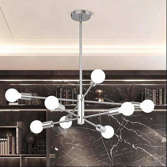 Sputnik Chandelier 8-Light, Mid Century Modern Height Adjustable Ceiling Light Fixture for Dining Room, Kitchen Island, Living Room,Bedroom, Brushed Nickel