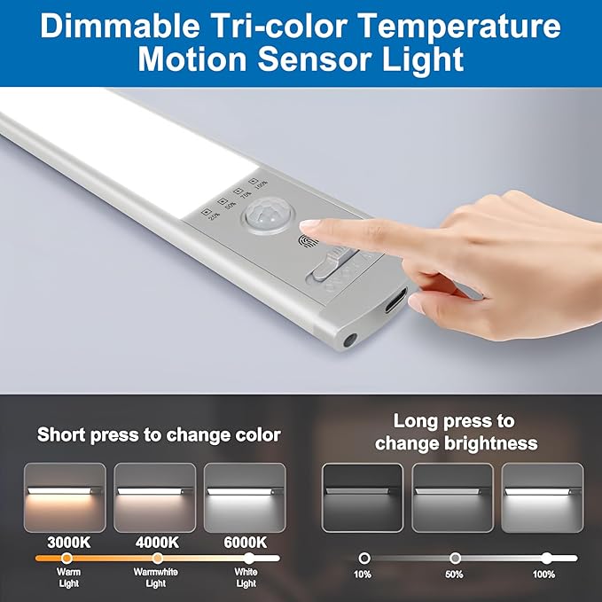 Under Cabinet Lighting, 6Pack Motion Sensor Light Indoor with 3 Color Temps, Rechargeable Under Counter Lights for Kitchen,Dimmable Closet Lights Battery Operated, 88 LED Motion Sensor Light Indoor