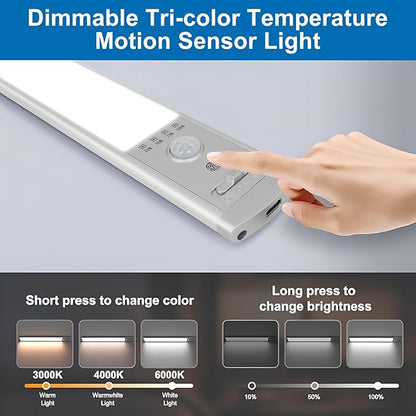 Under Cabinet Lighting, 2Pack Motion Sensor Light Indoor with 3 Color Temps, Rechargeable Under Counter Lights for Kitchen,Dimmable Closet Lights Battery Operated, 76 LED Motion Sensor Light Indoor