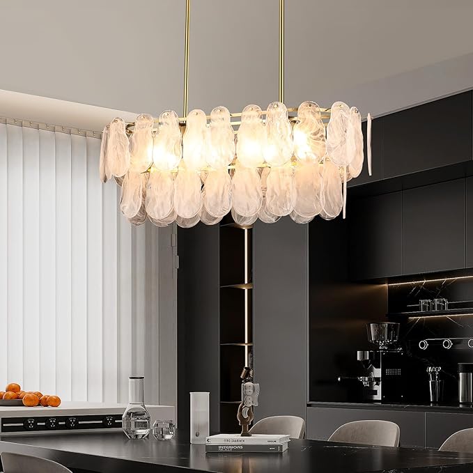 Gold Crystal Chandelier Rectangular Pendant Lighting 8-Light Crystal Chandeliers for Kitchen Island Cloud Glass 2-Tier Light Fixture for Dining Room, Living Room, Kitchen