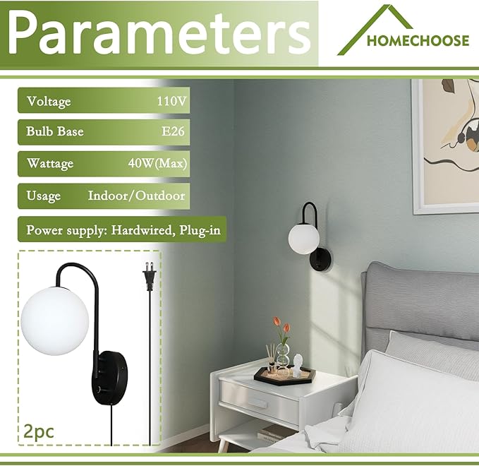 Dimmable E12 Wall Sconces Set of 2,Plug in Wall Sconces with 6.56ft Power Cord,Globe Electric Plug in Wall Sconce,Wall Lights with Milky White Glass Globe Shade(2 Bulbs Included)
