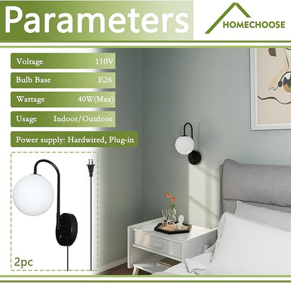 Dimmable E12 Wall Sconces Set of 2,Plug in Wall Sconces with 6.56ft Power Cord,Globe Electric Plug in Wall Sconce,Wall Lights with Milky White Glass Globe Shade(2 Bulbs Included)