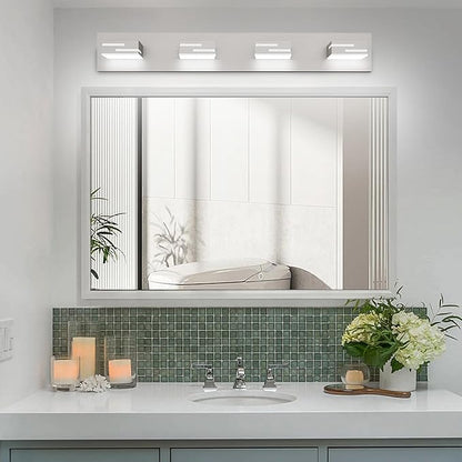 LED Modern Bathroom Vanity Light Fixtures, 4-Light 28-inch Dimmable Brushed Nickel Vanity Lights for Bathroom Lighting Fixtures Over Mirror, with 360° Rotatable Acrylic Heads (Cool White 6000K)