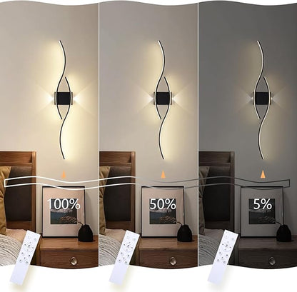 Modern Wall Sconce Set of Two, Dimmable Wall Sconces Lighting with Remote Control, Big Size LED Black Wall Light for Living Room Bedroom Hallway