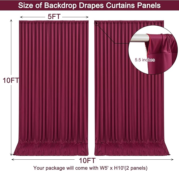 10x10ft Burgundy Backdrop Curtain for Wedding Parties Wrinkle Free Fabric Maroon Drapes Backdrop Decoration for Baby Shower Birthday Photography Decoration 2 Panels, 5ft x 10ft