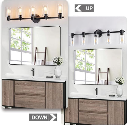 5 Light Bathroom Wall Light Fixtures Black Bathroom Wall Sconce with Clear Glass Lights Over Mirror Vanity Lights E26 Base