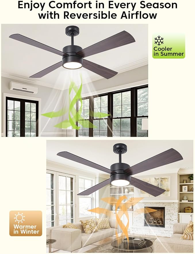 52-Inch DC Motor Ceiling Fan with LED Light, 4 Reversible Blades, Remote & APP Control, Black & Walnut Finish, Dimmable 3-Color Lighting, Energy Efficient Indoor Ceiling Fan with Timer & Memory
