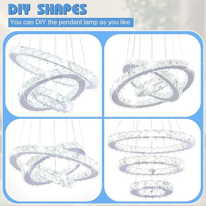 Crystal Chandeliers Modern LED 3 Ring Chandelier Adjustable Ceiling Light Fixtures Pendant Lighting Stainless Steel Hanging Lights for Living Room Dining Room Bathroom Bedroom, Cold White (Round)