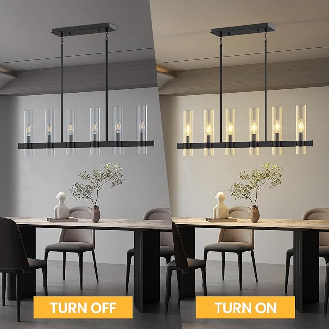 Island Lights for Kitchen,6-Light Modern Farmhouse Chandeliers for Dining Room,Large Linear Pendant Light Fixtures,Adjustable Height Hanging Dining Room Chandelier Over Table,Clear Glass Shade