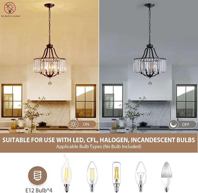Black Crystal Chandeliers for Dining Room, 4-Light Modern Round Chandeliers 15.7" for Living Room Kitchen Hallway Bedroom Foyer Hall, Adjustable Height Hanging Light Fixture