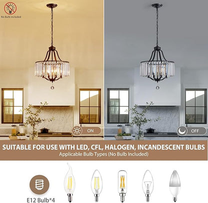 Black Crystal Chandeliers for Dining Room, 4-Light Modern Round Chandeliers 15.7" for Living Room Kitchen Hallway Bedroom Foyer Hall, Adjustable Height Hanging Light Fixture