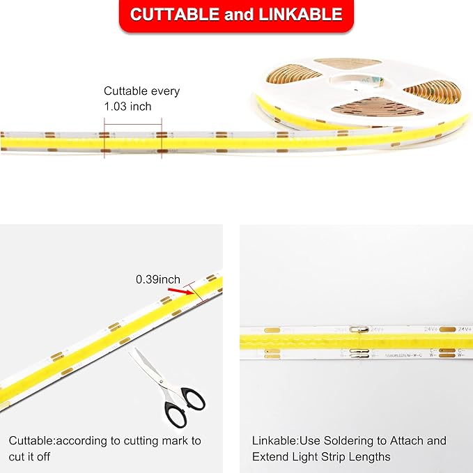 CCT COB LED Strip Lights Tunable White, 16.4ft Dimmable 2700K-6500K 24V Tunable White LED Strip Lights Set, High Density led Strips CRI 90+ UL-Listed Power Supply,for Bedroom Kitchen Home DIY Lighting