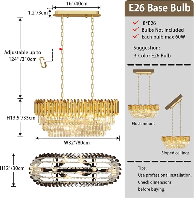 31.5" 8-Light Gold K9 Crystal Chandelier, Luxury Rectangular Raindrop Pendant Light with Adjustable Chain, Hanging Chandeliers for Dining Room, Kitchen Island, Living Room