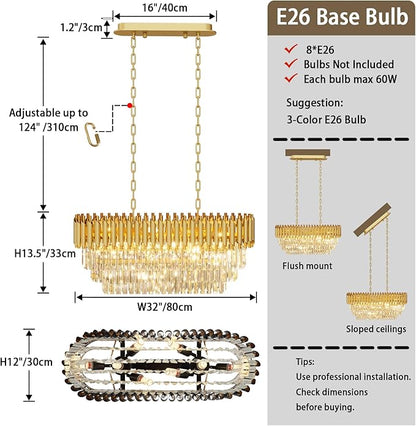 31.5" 8-Light Gold K9 Crystal Chandelier, Luxury Rectangular Raindrop Pendant Light with Adjustable Chain, Hanging Chandeliers for Dining Room, Kitchen Island, Living Room