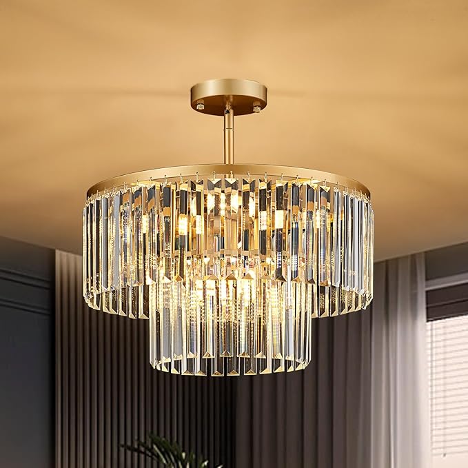 17.7" Gold Semi Flush Mount 2-Tier Crystal Ceiling Light Fixtures for Dining Room Modern Industrial 8-Light Chandeliers Lighting for Bedroom Entryway Hallway Kitchen Island Living Room Foyer