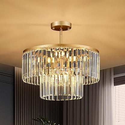 17.7" Gold Semi Flush Mount 2-Tier Crystal Ceiling Light Fixtures for Dining Room Modern Industrial 8-Light Chandeliers Lighting for Bedroom Entryway Hallway Kitchen Island Living Room Foyer
