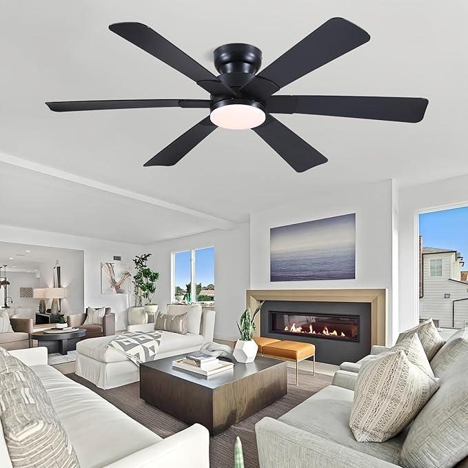 52" Low Profile Ceiling Fans with Lights and Remote, Black Indoor Ceiling Fan Light with Quiet Reversible DC Motor,Modern Flush Mount Ceiling Fans with Dimmable LED for Bedroom Kitchen