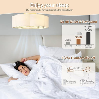 Caged Ceiling Fan with Lights, Flush Mount 20" Boho Ceiling Fans with Lights Remote Control, Low Profile Fabric Bladeless with 6 Speeds for Bedroom, Nursery, Kitchen