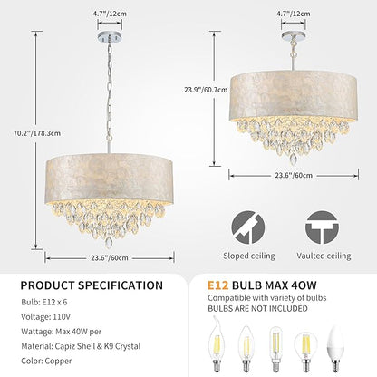 X-Large 6-Light Drum Capiz Shell K9 Crystal Chandelier, Coastal Style Pendant Light Fixture for Dining Room, Living Room, D24 * H24~70 inch (Adjustable), Clear Crystal & Chrome Finish