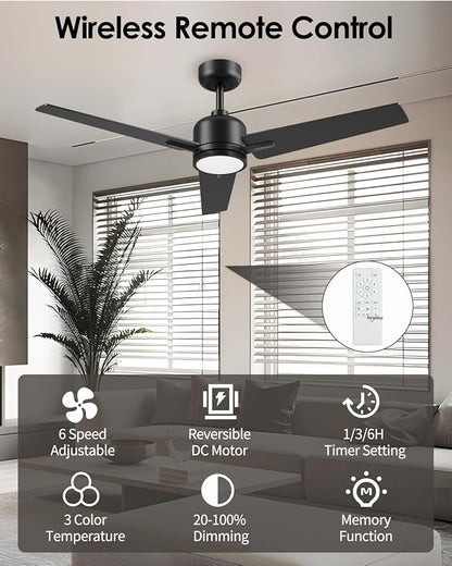 Newday 52 inch Ceiling Fans with Lights and Remote, Black 3 Blade Outdoor Fans for Patios -Dimmable Indoor DC Motor, 6 Speed, Quiet Noiseless, 3 CCT, Reversible, High CFM