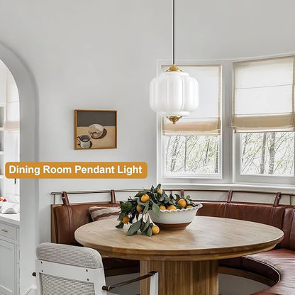 Milk Glass Pendant Light, 9in Medium Schoolhouse Light Fixture, LED Bulb Included, Vintage Art Deco Chandelier for Kitchen Island Dining Room Bedroom Hallway, White & Antique Gold 1 Pack