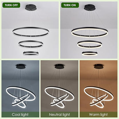 Benkut 3-Rings Modern LED Chandelier Black Dimmable Pendant Lighting with Remote Control Circular Flush Mount High Ceiling Light for Dining Room Living Room Entrance Foyer, 3000K-6500K D23.6in