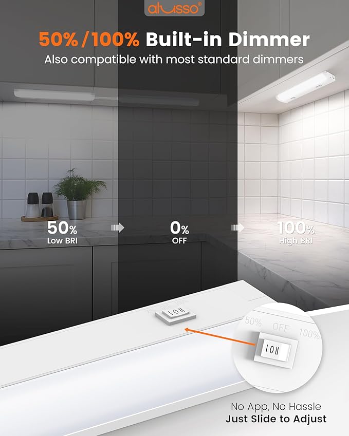 ALUSSO 12 Inch LED Under Cabinet Lighting Hardwired & Plug in 120V, 5CCT Color Selectable 2700K-5000K Dimmable 6W 510LM High Brightness, Strip Linkable Under Counter Lights for Kitchen Sink, 2 Pack