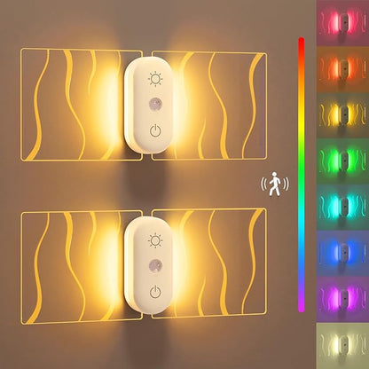 LOFTEK Motion Sensor Night Light (2 Pack) - Rechargeable RGB Color Changing Wall Light, Stepless Dimming, Battery Operated Sconce with Adjustable Brightness for Stairs, Hallway, Bedroom, Kids' Rooms