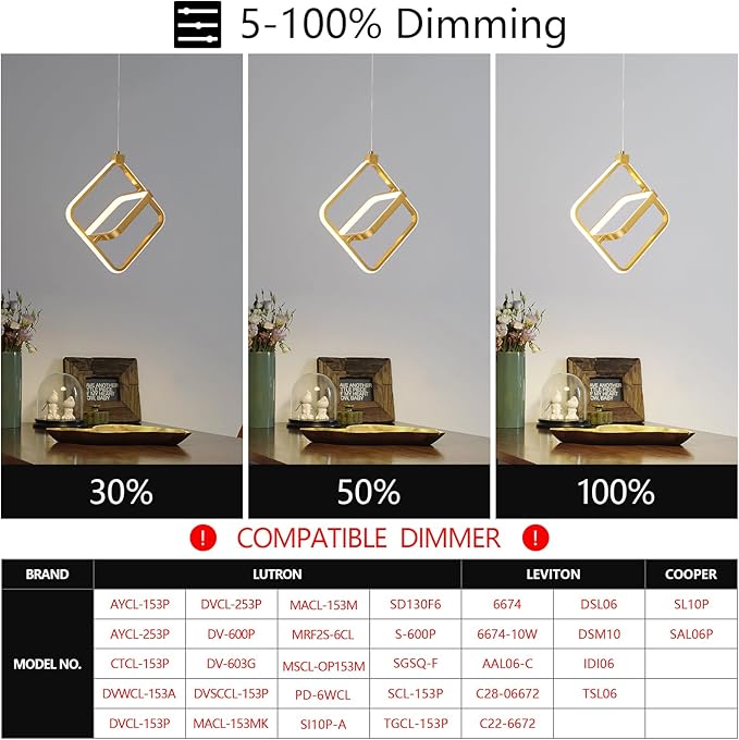 Modern LED Chandelier Gold Rectangular Pendant Light Fixtures 4000K 20W Dimmable Height Adjustable Pendant Lighting for Dining Room Kitchen Island Bedroom Living Room Foyer（2-Pack）