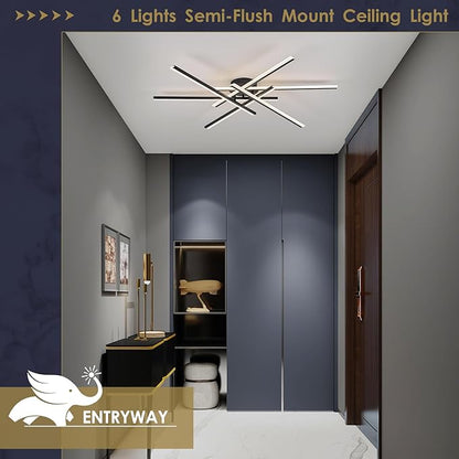 Modern LED Chandelier with Remote Control, 6-Lights Black Semi-Flush Mount Ceiling Lighting Fixture for Living Room, Bedroom, Dining Room 60W