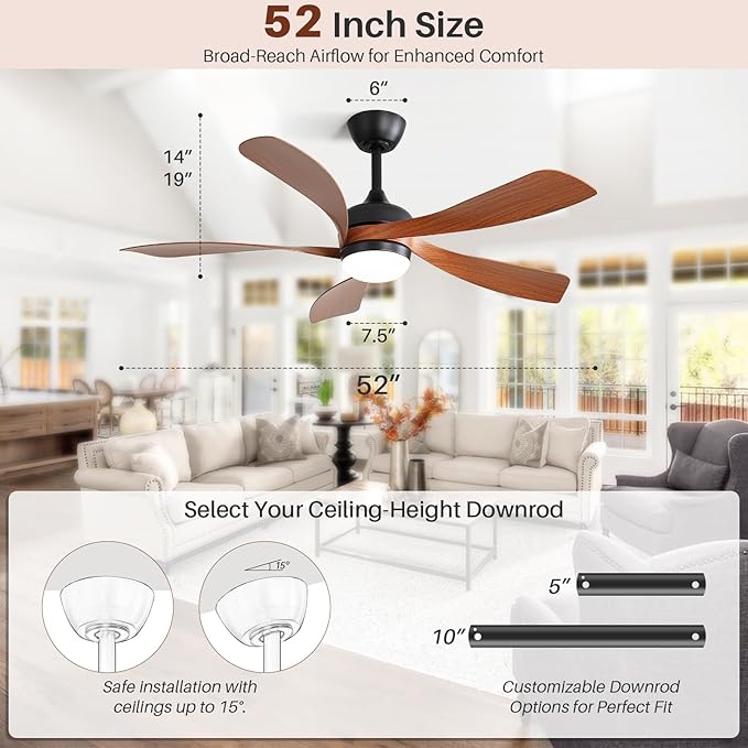 CACI Mall 52 Inch Ceiling Fans with Lights and Remote, modern, Outdoor ceiling fan with 6-Speed, 5 Blades, 2 Downrods, 3 CCT, Timer, Quiet Reversible DC Motor for Living Room, Bedroom, Patios