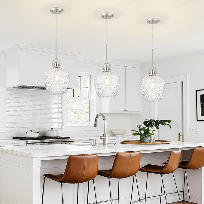 Large Glass Pendant Lights Kitchen Island, 10" 1-Light Brushed Nickel Pendant Light Fixtures with Clear Hammered Glass, Modern Hanging Light for Kitchen Island Dining Room Entryway Foyer