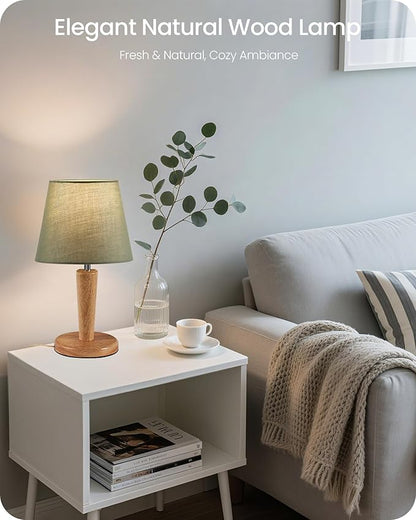 12" Wood Bedside Table Lamps Set of 2, Small Desk Lamps for Small Places, 3 Color Temperatures with Memory, Green Linen Shade & E26 Bulbs, for Bedroom Living Room Office MJ13TLP205