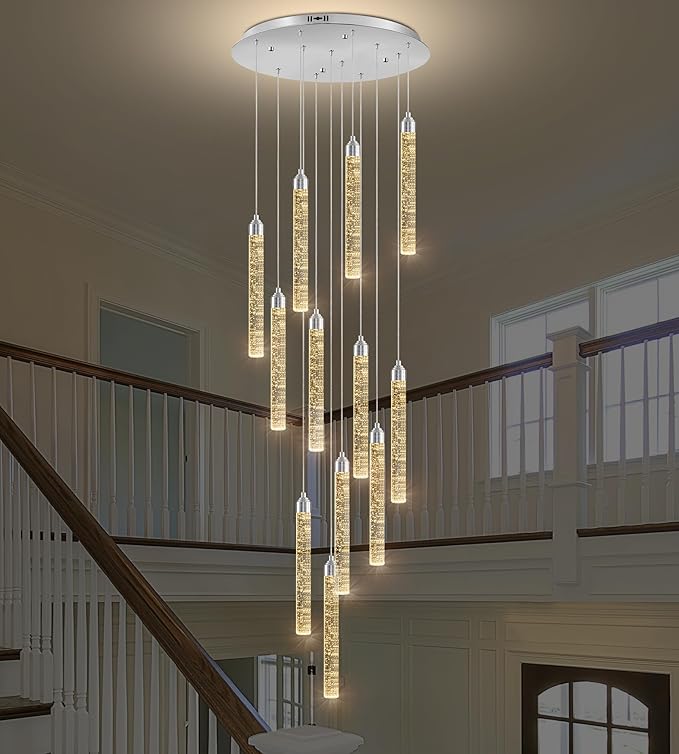 Crystal Staircase Chandelier, Modern Chrome Large Spiral Dimmable LED Cluster Raindrop Foyer Chandelier Lighting, Bubble Living Room Hanging Light Fixture 12 Light Remote Control