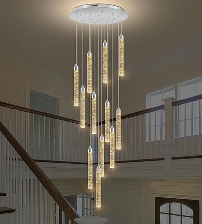 Crystal Staircase Chandelier, Modern Chrome Large Spiral Dimmable LED Cluster Raindrop Foyer Chandelier Lighting, Bubble Living Room Hanging Light Fixture 12 Light Remote Control