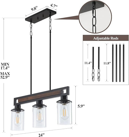 Farmhouse Dining Room Light Fixture, 3-Light Wood Kitchen Island Lighting for Dining Room Over Table, Black Adjustable Pendant Light with Clear Glass Shades, Linear Chandeliers Lighting for Kitchen