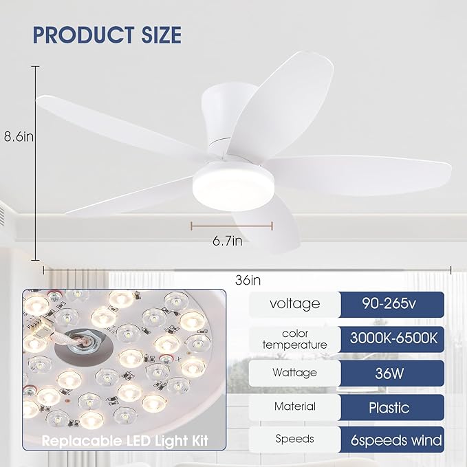Surtime Ceiling Fans with Lights-36 Low Profile Ceiling Fan with Light and Remote/APP Control,Flush Mount,DC Reversible,LED Dimmable Modern Ceiling Fans for Bedroom,Indoor/Outdoor Patio Use(White)