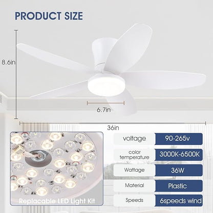Surtime Ceiling Fans with Lights-36 Low Profile Ceiling Fan with Light and Remote/APP Control,Flush Mount,DC Reversible,LED Dimmable Modern Ceiling Fans for Bedroom,Indoor/Outdoor Patio Use(White)