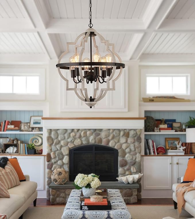 MEIXISUE Farmhouse Rustic Chandelier,ORB+Oak Finish,6-Light Vintage Antique Chandeliers Pendant Light Fixture for Kitchen Dining Room Living Room Entryway Foyer UL Listed
