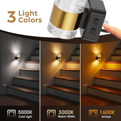 Night Lights Plug into Wall 2 Pack, Dimmable Night Light with Dusk-to-Dawn Light Sensor, Soft White/Cool White/Amber 3 Light Color, Adjustable Brightness, Rotatable plug, Bubble Nightlight for Hallway